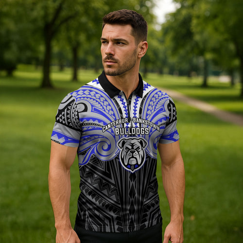 Custom Canterbury-Bankstown Bulldogs Zipper Polo Shirt Bulldog Warrior Polynesia Islander Rugby Mascot