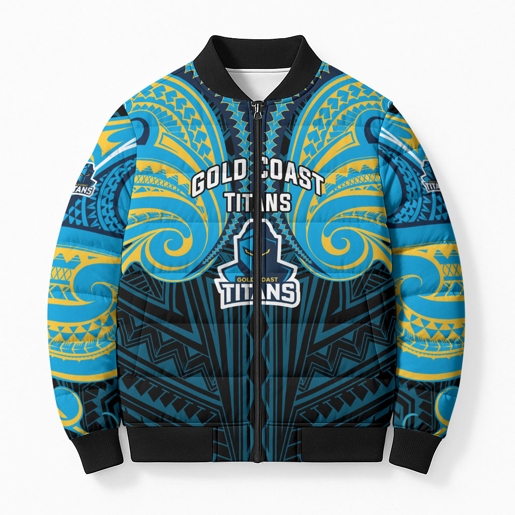 Custom Gold Coast Titans Bomber Puffer Jacket Titan Warrior Polynesia Islander Rugby Mascot