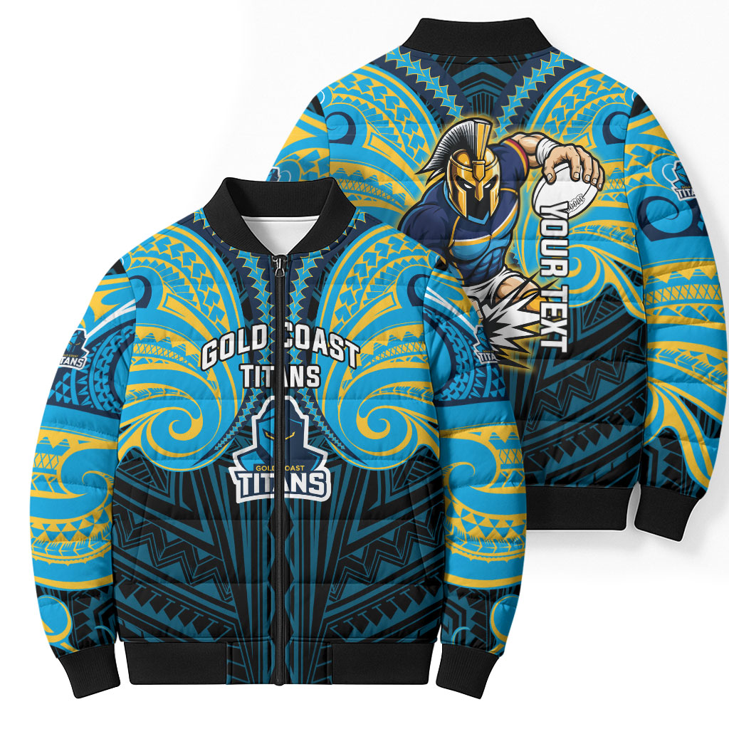 Custom Gold Coast Titans Bomber Puffer Jacket Titan Warrior Polynesia Islander Rugby Mascot