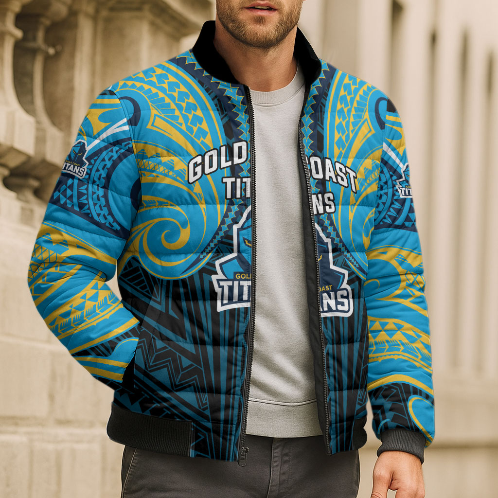 Custom Gold Coast Titans Bomber Puffer Jacket Titan Warrior Polynesia Islander Rugby Mascot
