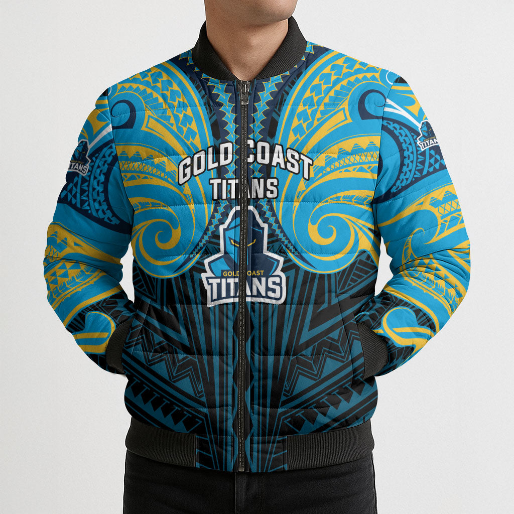 Custom Gold Coast Titans Bomber Puffer Jacket Titan Warrior Polynesia Islander Rugby Mascot
