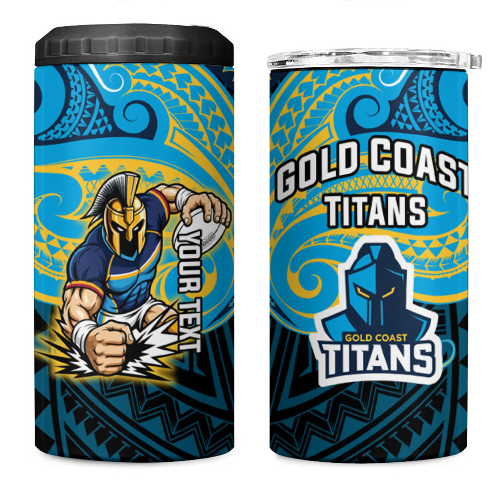 Custom Gold Coast Titans 4 in 1 Can Cooler Tumbler Titan Warrior Polynesia Islander Rugby Mascot