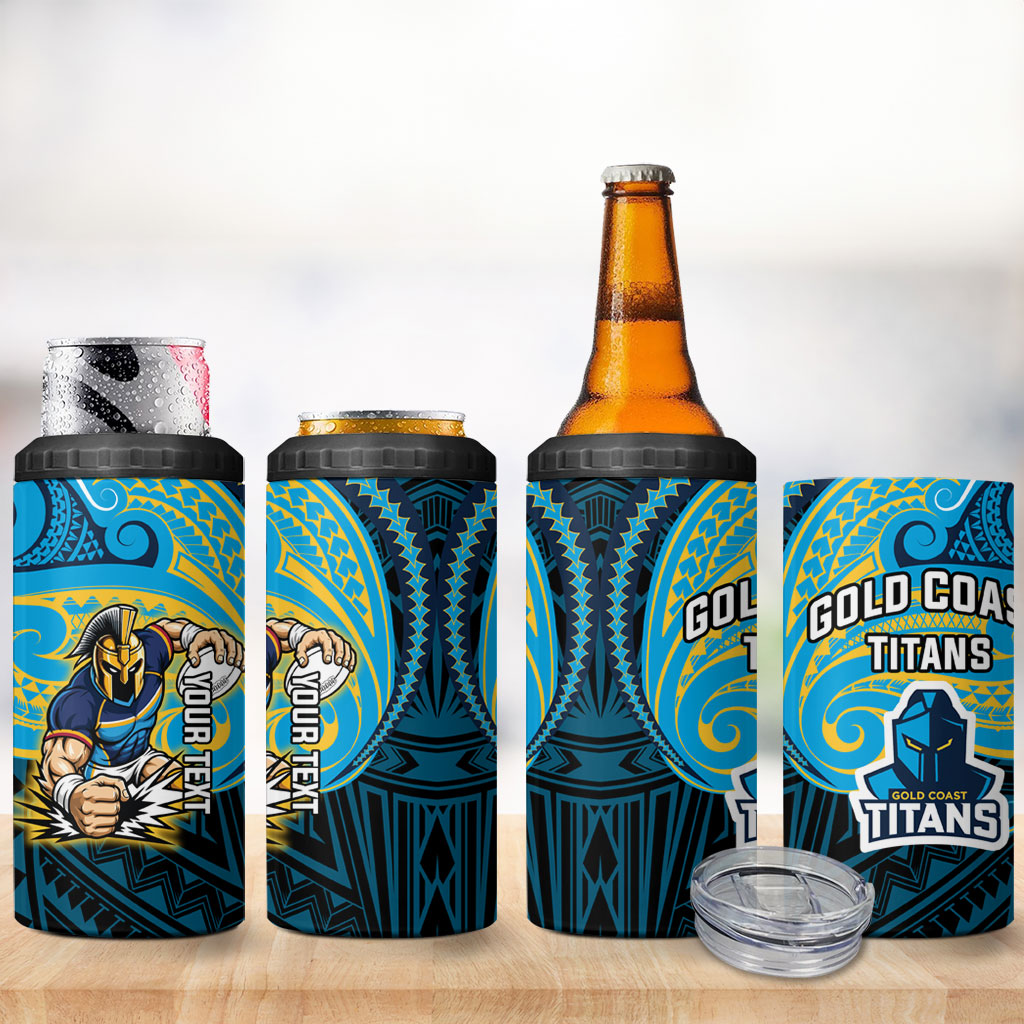 Custom Gold Coast Titans 4 in 1 Can Cooler Tumbler Titan Warrior Polynesia Islander Rugby Mascot