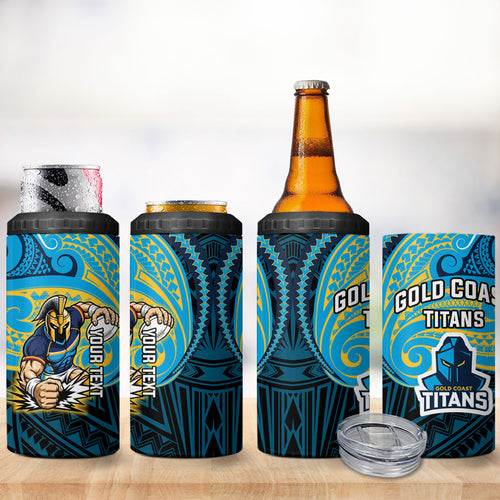 Custom Gold Coast Titans 4 in 1 Can Cooler Tumbler Titan Warrior Polynesia Islander Rugby Mascot