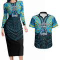 Custom Gold Coast Titans Couples Matching Long Sleeve Bodycon Dress and Hawaiian Shirt Titan Warrior Polynesia Islander Rugby Mascot