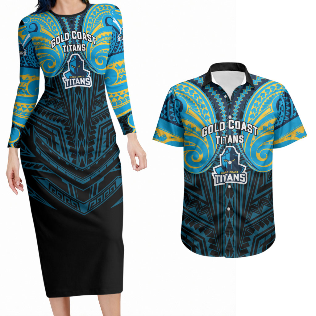 Custom Gold Coast Titans Couples Matching Long Sleeve Bodycon Dress and Hawaiian Shirt Titan Warrior Polynesia Islander Rugby Mascot