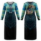 Custom Gold Coast Titans Couples Matching Long Sleeve Bodycon Dress and Hawaiian Shirt Titan Warrior Polynesia Islander Rugby Mascot