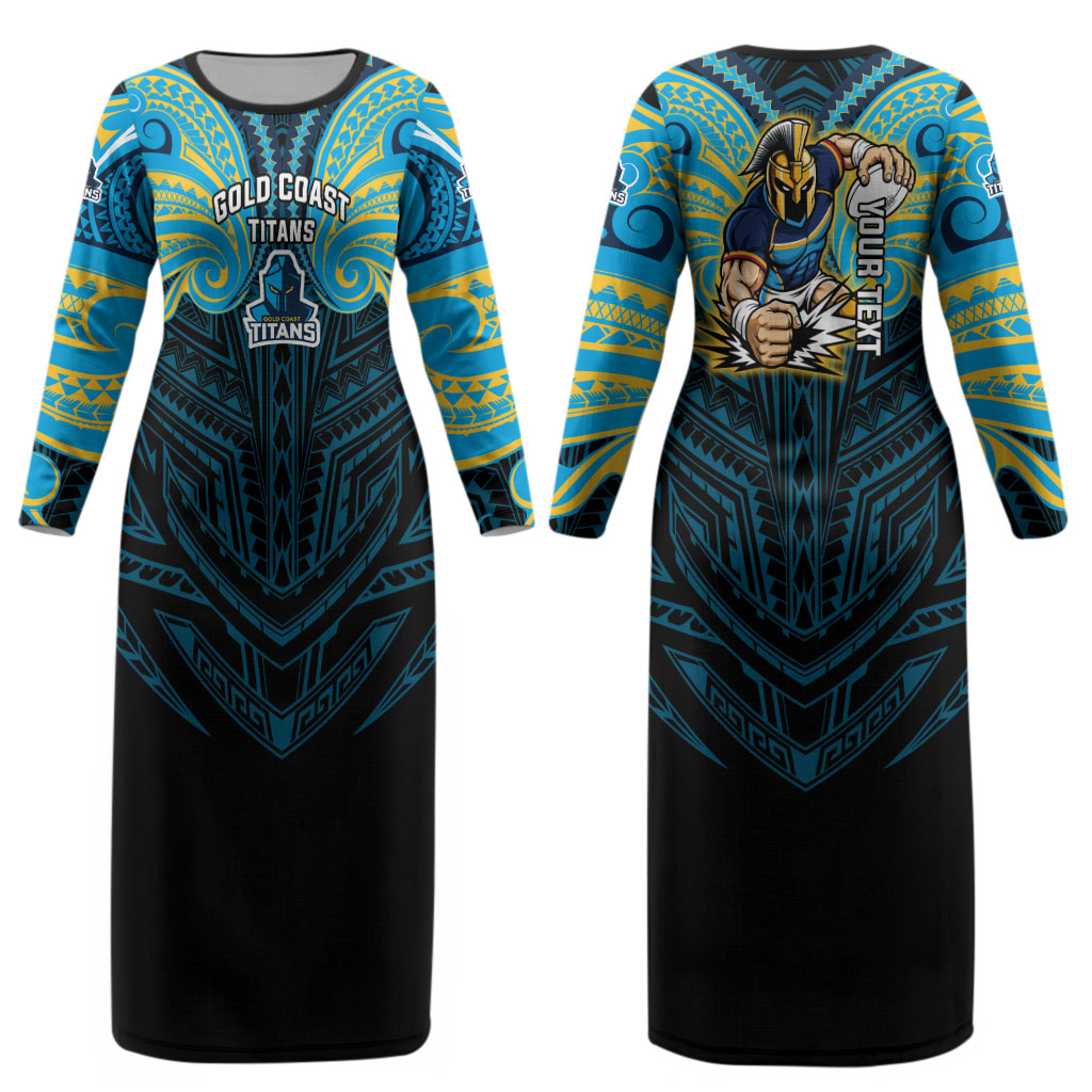 Custom Gold Coast Titans Couples Matching Long Sleeve Bodycon Dress and Hawaiian Shirt Titan Warrior Polynesia Islander Rugby Mascot