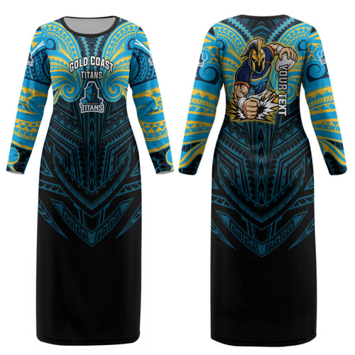 Custom Gold Coast Titans Couples Matching Long Sleeve Bodycon Dress and Hawaiian Shirt Titan Warrior Polynesia Islander Rugby Mascot