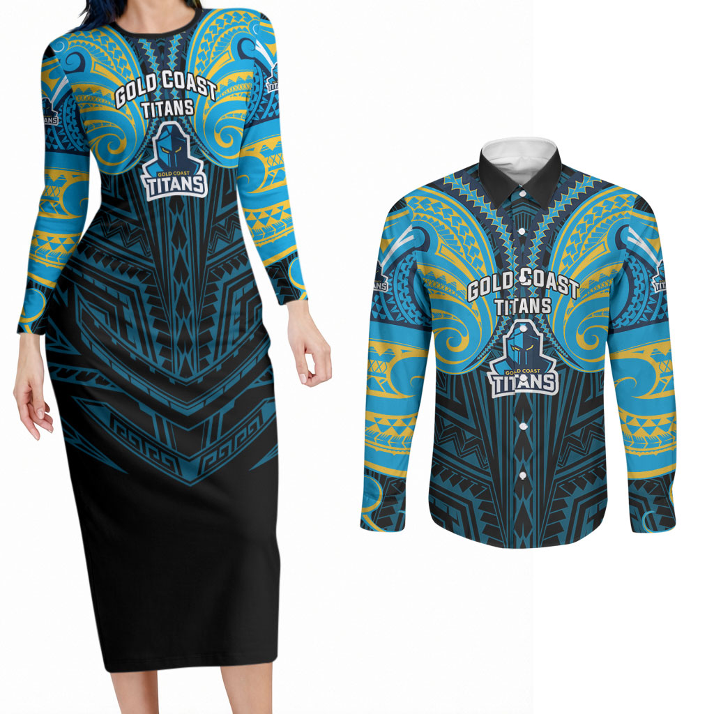 Custom Gold Coast Titans Couples Matching Long Sleeve Bodycon Dress and Long Sleeve Button Shirt Titan Warrior Polynesia Islander Rugby Mascot