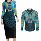 Custom Gold Coast Titans Couples Matching Long Sleeve Bodycon Dress and Long Sleeve Button Shirt Titan Warrior Polynesia Islander Rugby Mascot