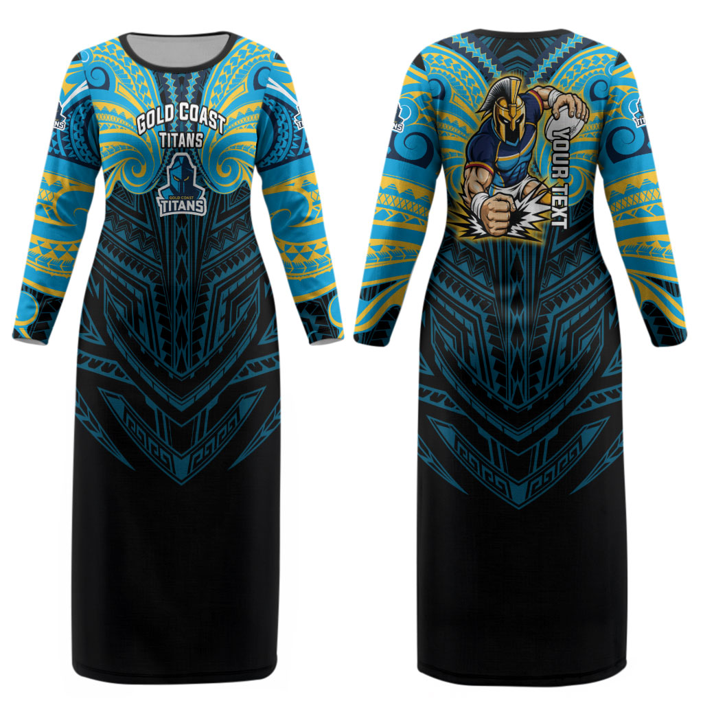 Custom Gold Coast Titans Couples Matching Long Sleeve Bodycon Dress and Long Sleeve Button Shirt Titan Warrior Polynesia Islander Rugby Mascot