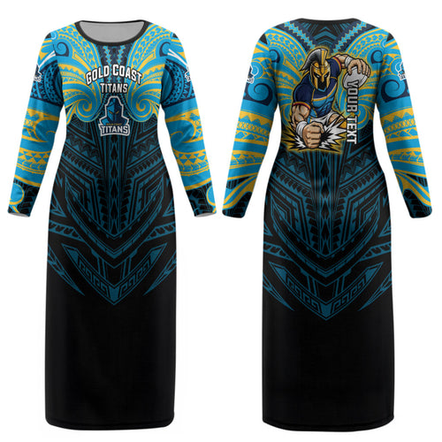 Custom Gold Coast Titans Couples Matching Long Sleeve Bodycon Dress and Long Sleeve Button Shirt Titan Warrior Polynesia Islander Rugby Mascot