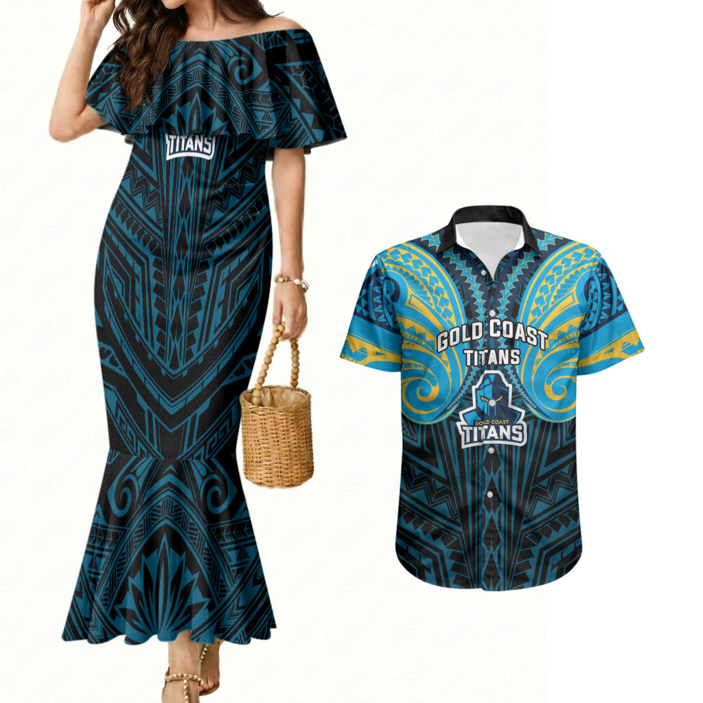 Custom Gold Coast Titans Couples Matching Mermaid Dress and Hawaiian Shirt Titan Warrior Polynesia Islander Rugby Mascot