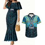 Custom Gold Coast Titans Couples Matching Mermaid Dress and Hawaiian Shirt Titan Warrior Polynesia Islander Rugby Mascot