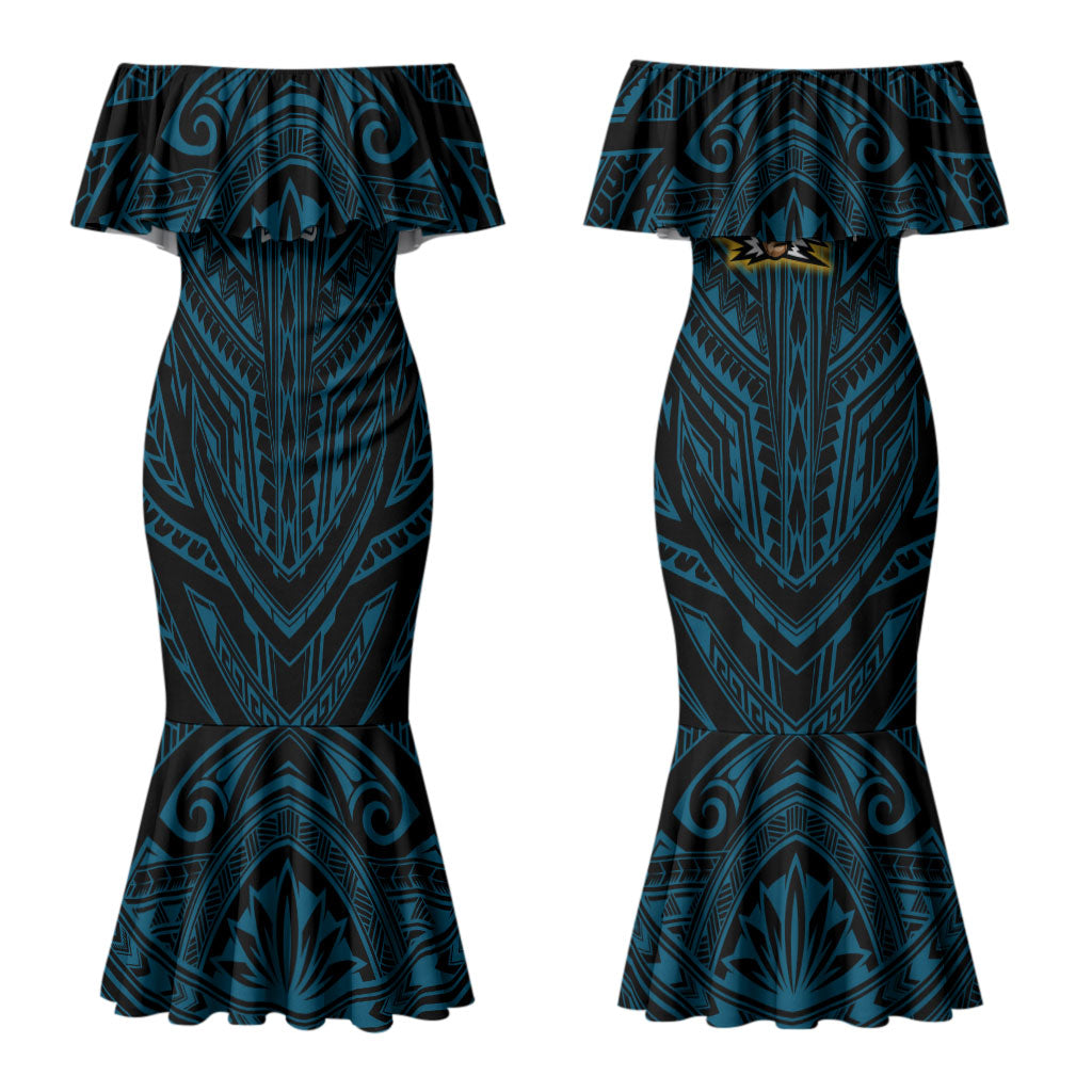 Custom Gold Coast Titans Couples Matching Mermaid Dress and Hawaiian Shirt Titan Warrior Polynesia Islander Rugby Mascot