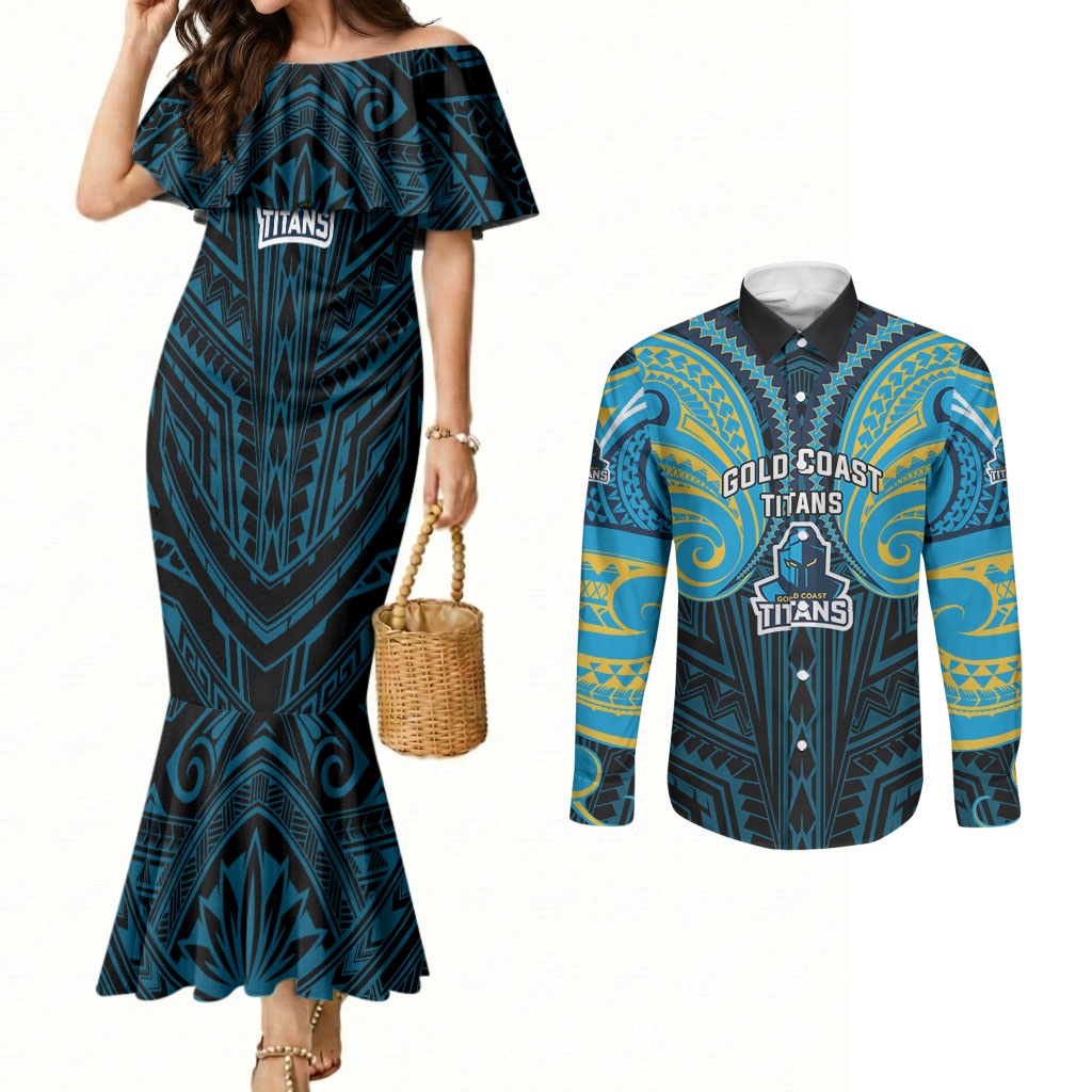 Custom Gold Coast Titans Couples Matching Mermaid Dress and Long Sleeve Button Shirt Titan Warrior Polynesia Islander Rugby Mascot