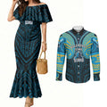 Custom Gold Coast Titans Couples Matching Mermaid Dress and Long Sleeve Button Shirt Titan Warrior Polynesia Islander Rugby Mascot
