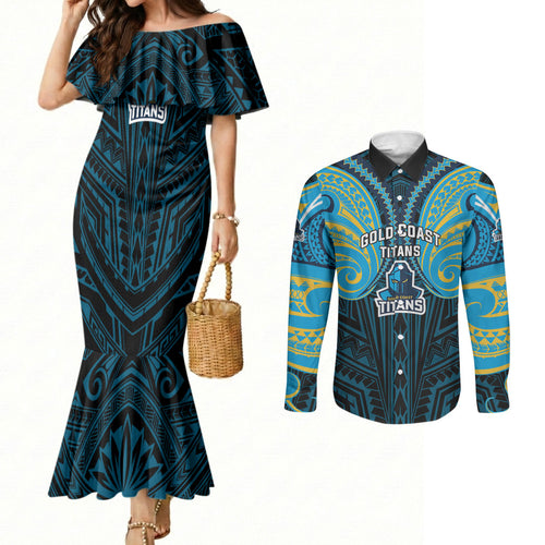 Custom Gold Coast Titans Couples Matching Mermaid Dress and Long Sleeve Button Shirt Titan Warrior Polynesia Islander Rugby Mascot