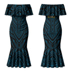 Custom Gold Coast Titans Couples Matching Mermaid Dress and Long Sleeve Button Shirt Titan Warrior Polynesia Islander Rugby Mascot