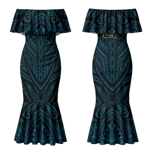 Custom Gold Coast Titans Couples Matching Mermaid Dress and Long Sleeve Button Shirt Titan Warrior Polynesia Islander Rugby Mascot