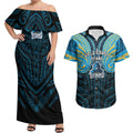 Custom Gold Coast Titans Couples Matching Off Shoulder Maxi Dress and Hawaiian Shirt Titan Warrior Polynesia Islander Rugby Mascot
