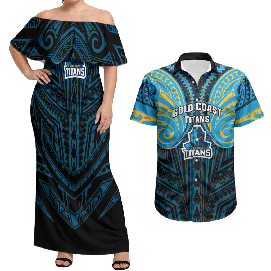 Custom Gold Coast Titans Couples Matching Off Shoulder Maxi Dress and Hawaiian Shirt Titan Warrior Polynesia Islander Rugby Mascot