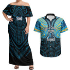 Custom Gold Coast Titans Couples Matching Off Shoulder Maxi Dress and Hawaiian Shirt Titan Warrior Polynesia Islander Rugby Mascot