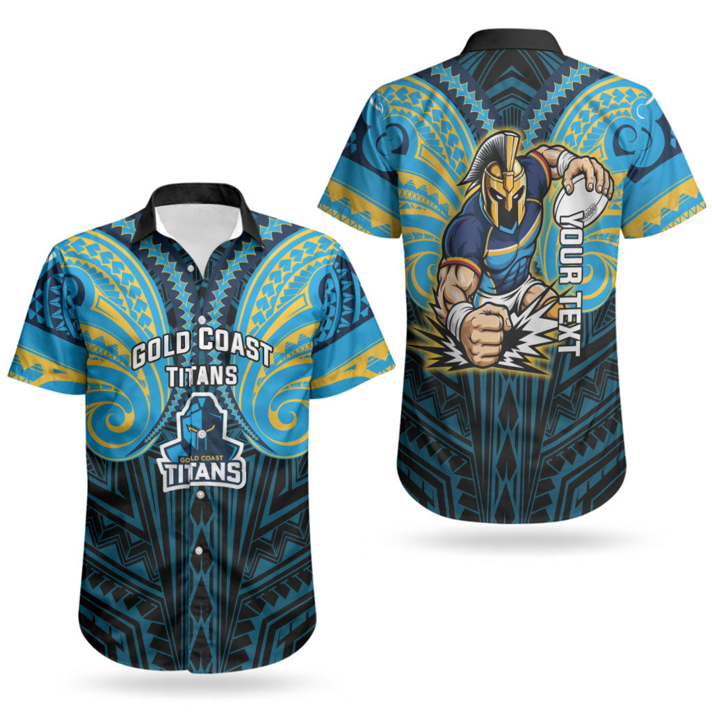 Custom Gold Coast Titans Couples Matching Off Shoulder Maxi Dress and Hawaiian Shirt Titan Warrior Polynesia Islander Rugby Mascot