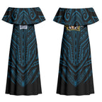 Custom Gold Coast Titans Couples Matching Off Shoulder Maxi Dress and Hawaiian Shirt Titan Warrior Polynesia Islander Rugby Mascot