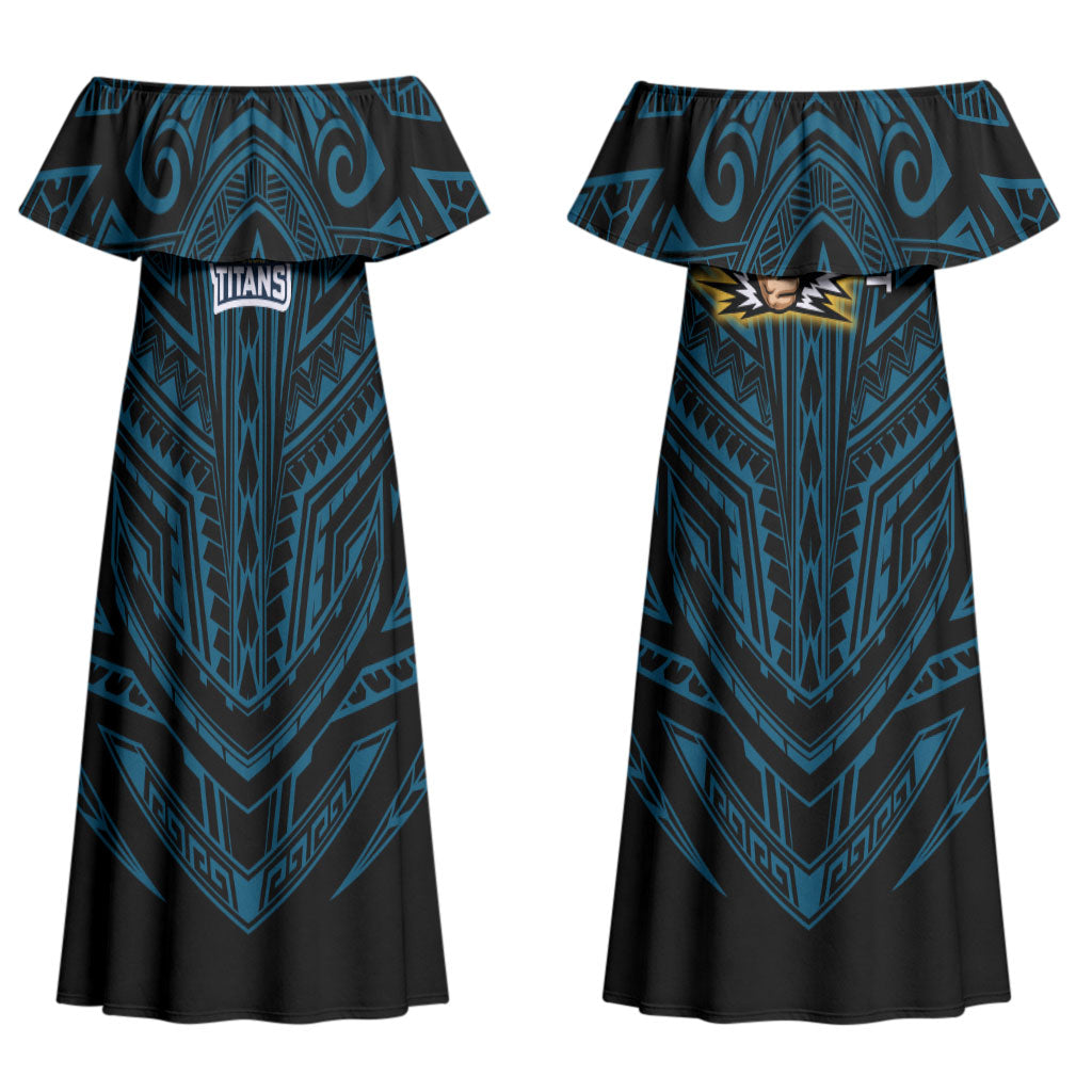 Custom Gold Coast Titans Couples Matching Off Shoulder Maxi Dress and Hawaiian Shirt Titan Warrior Polynesia Islander Rugby Mascot