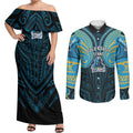 Custom Gold Coast Titans Couples Matching Off Shoulder Maxi Dress and Long Sleeve Button Shirt Titan Warrior Polynesia Islander Rugby Mascot