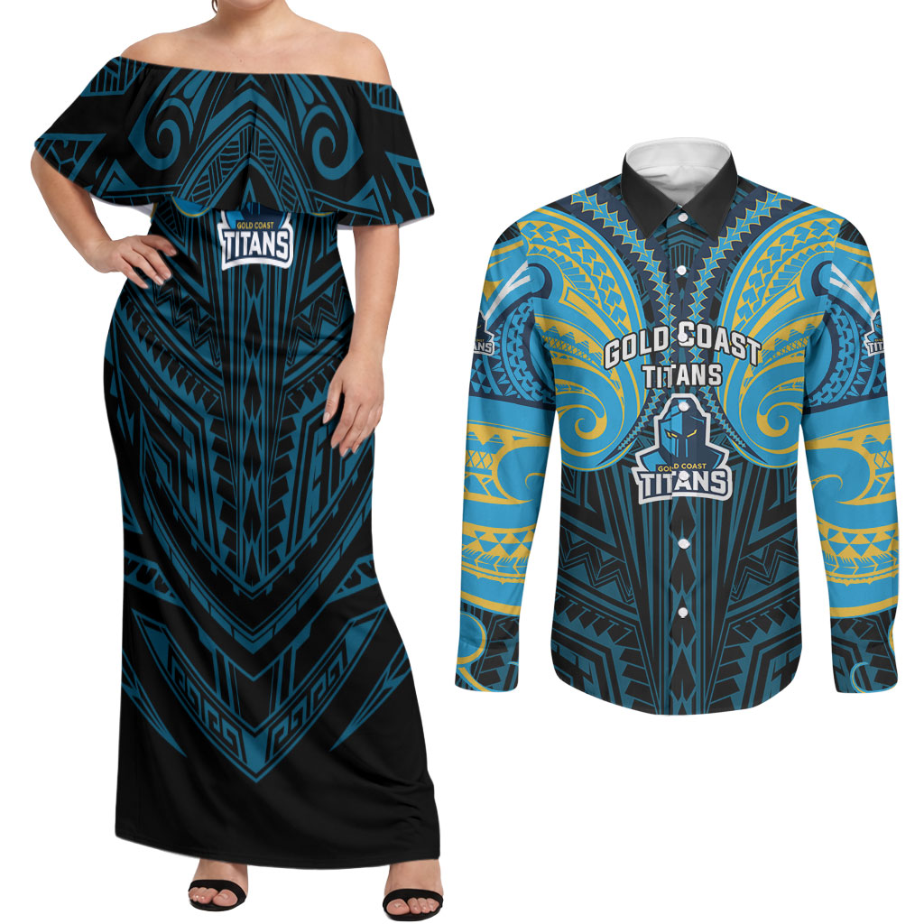 Custom Gold Coast Titans Couples Matching Off Shoulder Maxi Dress and Long Sleeve Button Shirt Titan Warrior Polynesia Islander Rugby Mascot