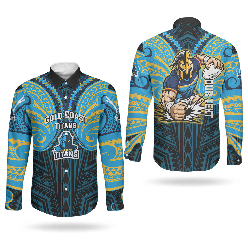 Custom Gold Coast Titans Couples Matching Off Shoulder Maxi Dress and Long Sleeve Button Shirt Titan Warrior Polynesia Islander Rugby Mascot