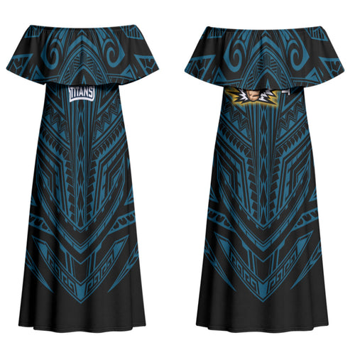 Custom Gold Coast Titans Couples Matching Off Shoulder Maxi Dress and Long Sleeve Button Shirt Titan Warrior Polynesia Islander Rugby Mascot