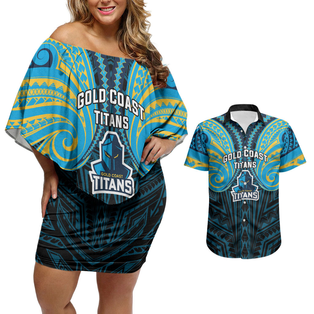 Custom Gold Coast Titans Couples Matching Off Shoulder Short Dress and Hawaiian Shirt Titan Warrior Polynesia Islander Rugby Mascot