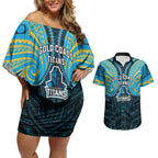 Custom Gold Coast Titans Couples Matching Off Shoulder Short Dress and Hawaiian Shirt Titan Warrior Polynesia Islander Rugby Mascot