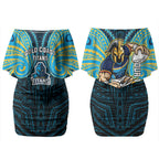 Custom Gold Coast Titans Couples Matching Off Shoulder Short Dress and Hawaiian Shirt Titan Warrior Polynesia Islander Rugby Mascot
