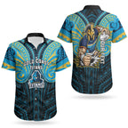 Custom Gold Coast Titans Couples Matching Off Shoulder Short Dress and Hawaiian Shirt Titan Warrior Polynesia Islander Rugby Mascot