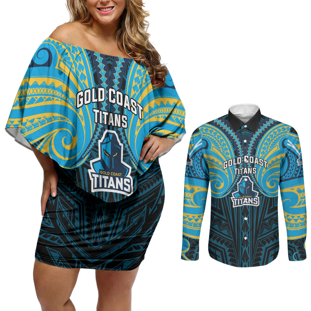Custom Gold Coast Titans Couples Matching Off Shoulder Short Dress and Long Sleeve Button Shirt Titan Warrior Polynesia Islander Rugby Mascot