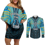 Custom Gold Coast Titans Couples Matching Off Shoulder Short Dress and Long Sleeve Button Shirt Titan Warrior Polynesia Islander Rugby Mascot