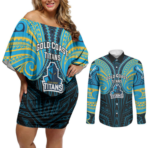 Custom Gold Coast Titans Couples Matching Off Shoulder Short Dress and Long Sleeve Button Shirt Titan Warrior Polynesia Islander Rugby Mascot