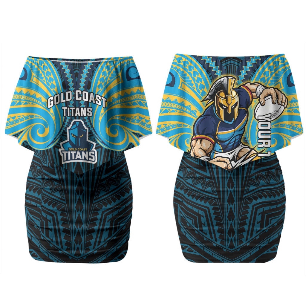 Custom Gold Coast Titans Couples Matching Off Shoulder Short Dress and Long Sleeve Button Shirt Titan Warrior Polynesia Islander Rugby Mascot