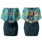 Custom Gold Coast Titans Couples Matching Off Shoulder Short Dress and Long Sleeve Button Shirt Titan Warrior Polynesia Islander Rugby Mascot
