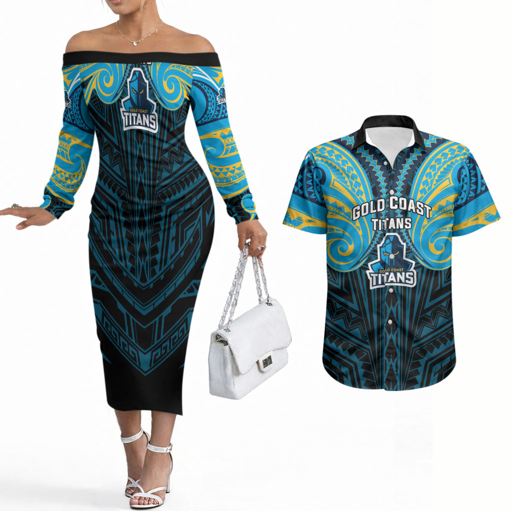 Custom Gold Coast Titans Couples Matching Off The Shoulder Long Sleeve Dress and Hawaiian Shirt Titan Warrior Polynesia Islander Rugby Mascot