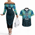 Custom Gold Coast Titans Couples Matching Off The Shoulder Long Sleeve Dress and Hawaiian Shirt Titan Warrior Polynesia Islander Rugby Mascot