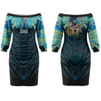 Custom Gold Coast Titans Couples Matching Off The Shoulder Long Sleeve Dress and Hawaiian Shirt Titan Warrior Polynesia Islander Rugby Mascot