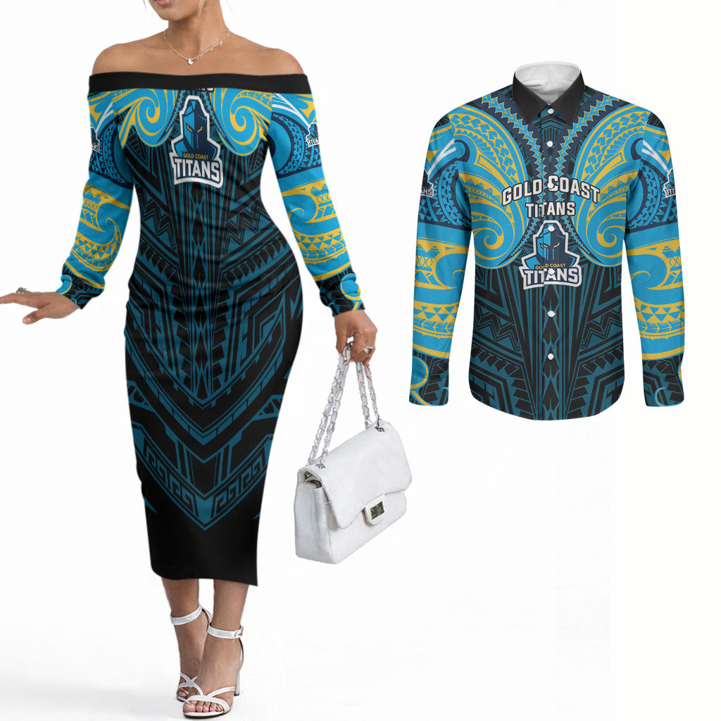 Custom Gold Coast Titans Couples Matching Off The Shoulder Long Sleeve Dress and Long Sleeve Button Shirt Titan Warrior Polynesia Islander Rugby Mascot