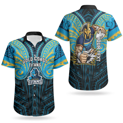 Custom Gold Coast Titans Couples Matching Puletasi and Hawaiian Shirt Titan Warrior Polynesia Islander Rugby Mascot