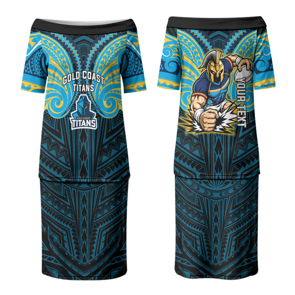 Custom Gold Coast Titans Couples Matching Puletasi and Hawaiian Shirt Titan Warrior Polynesia Islander Rugby Mascot